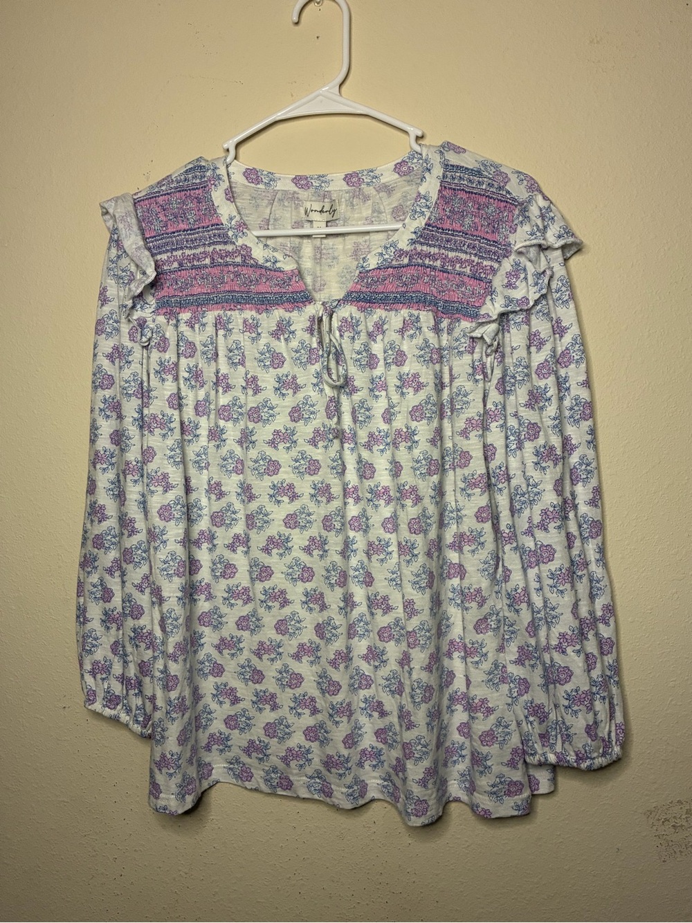 NEW Wonderfly Medium Women's White Pink Blue Floral Peasant Top Boho Cottagecore